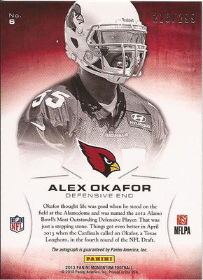 ALEX OKAFOR CARDINALS 2013 PANINI MOMENTUM AUTOGRAPHED SIGNED RC CARD 213/299