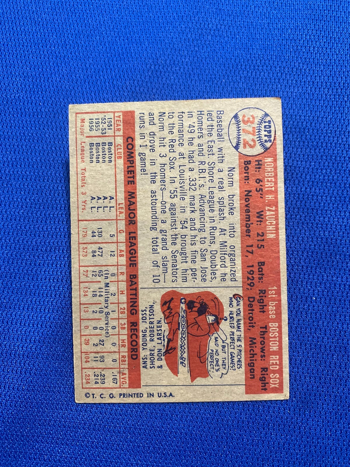 1957 TOPPS NORM ZAUCHIN BOSTON RED SOX #372 CARD VINTAGE SET-BREAK