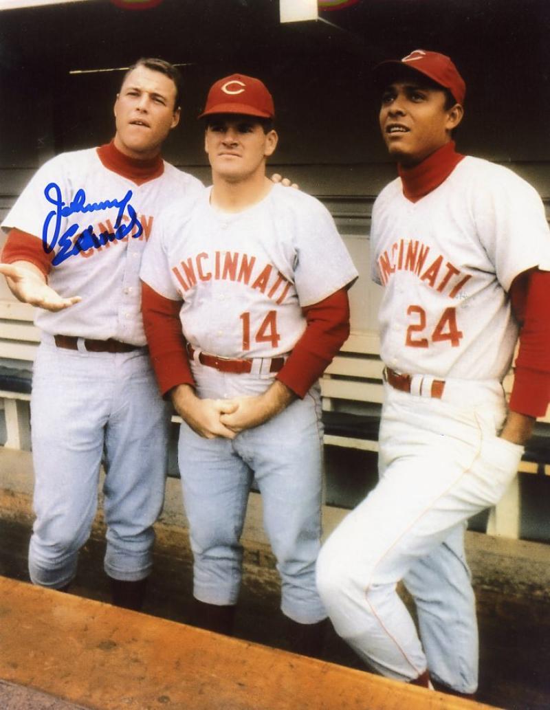 JOHNNY EDWARDS W/ ROSE AND PEREZ CINCINNATI REDS SIGNED AUTOGRAPHED 8X10 PHOTO W