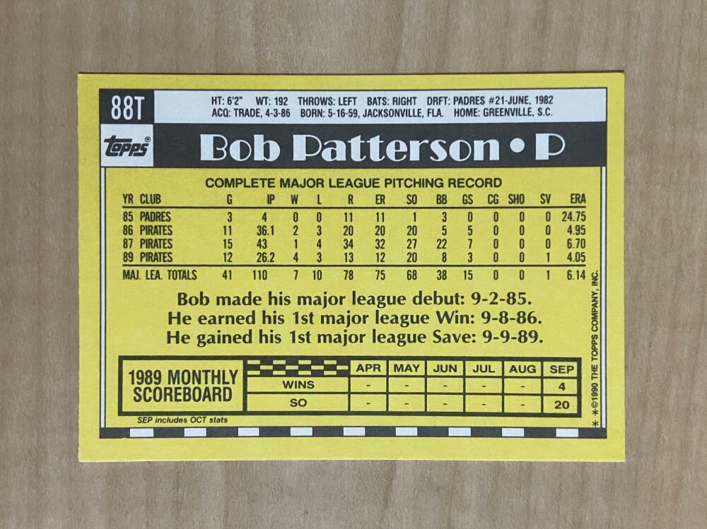 BOB PATTERSON PITTSBURGH PIRATES SIGNED 1990 TOPPS TRADED CARD #88T W/COA