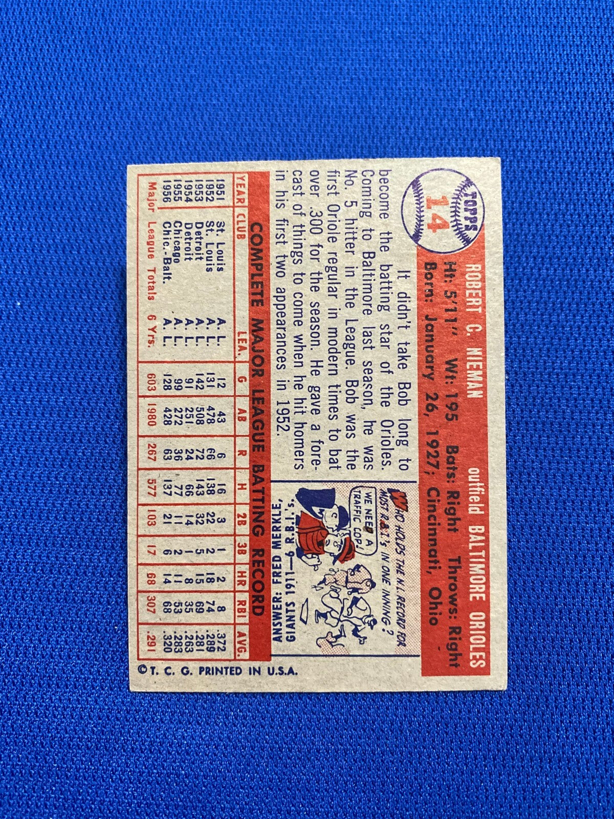 1957 TOPPS BOB NIEMAN BALTIMORE ORIOLES #14 CARD VINTAGE SET-BREAK