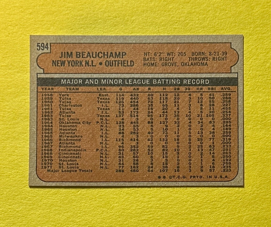 1972 TOPPS JIM BEAUCHAMP #594 METS