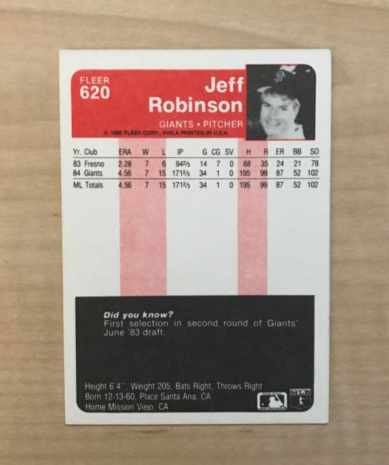 JEFF ROBINSON SAN FRANCISCO GIANTS SIGNED AUTOGRAPHED 1985 FLEER CARD #620 W/COA