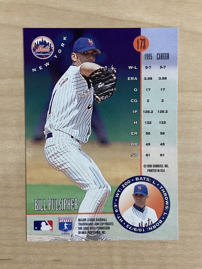 BILL PULSIPHER NEW YORK METS SIGNED AUTOGRAPHED 1996 LEAF CARD #173 W/COA