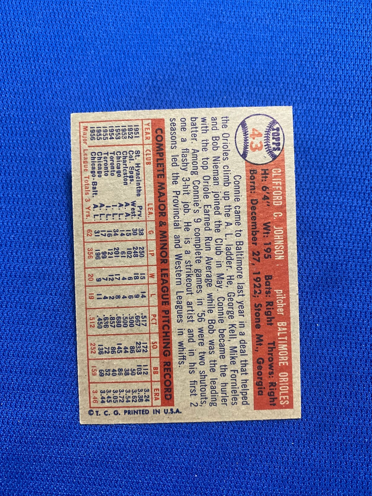 1957 TOPPS CONNIE JOHNSON BALTIMORE ORIOLES #43 CARD VINTAGE SET-BREAK