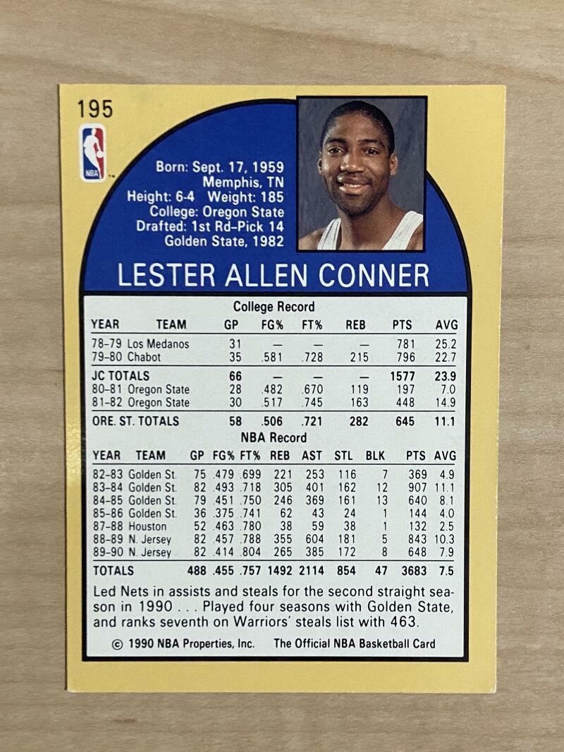 LESTER CONNER NEW JERSEY NETS SIGNED AUTOGRAPHED 90-91 NBA HOOPS CARD #195 W/COA