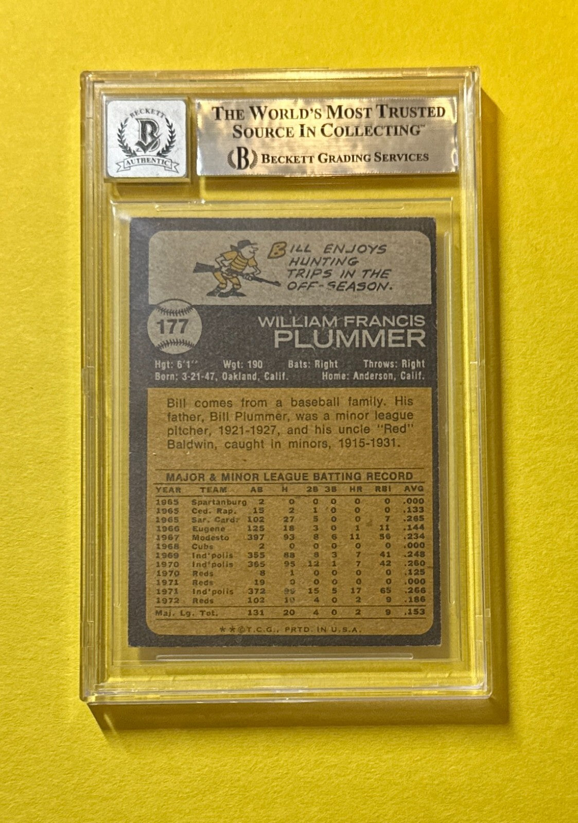 1973 TOPPS BILL PLUMMER #177 SIGNED AUTOGRAPHED CARD BECKETT AUTH 10 REDS