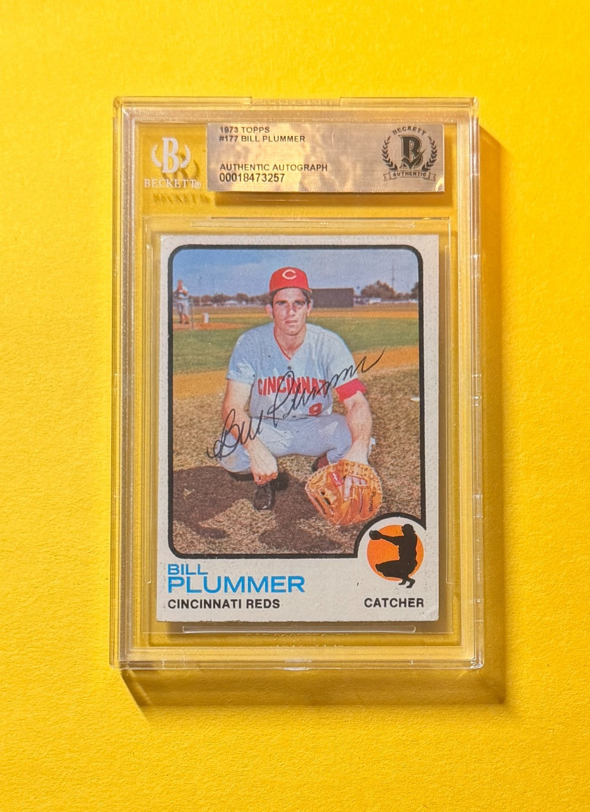 1973 TOPPS BILL PLUMMER #177 SIGNED AUTO CARD BECKETT AUTHENTIC REDS