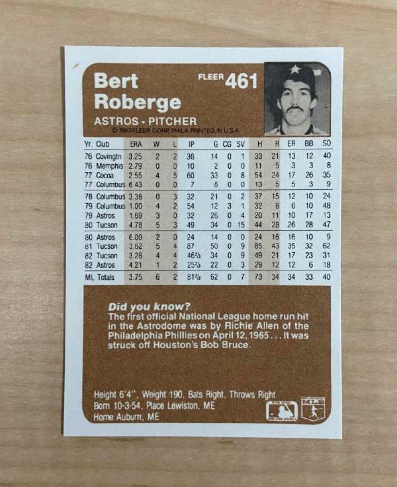 BERT ROBERGE HOUSTON ASTROS SIGNED AUTOGRAPHED 1983 FLEER CARD #461 W/COA