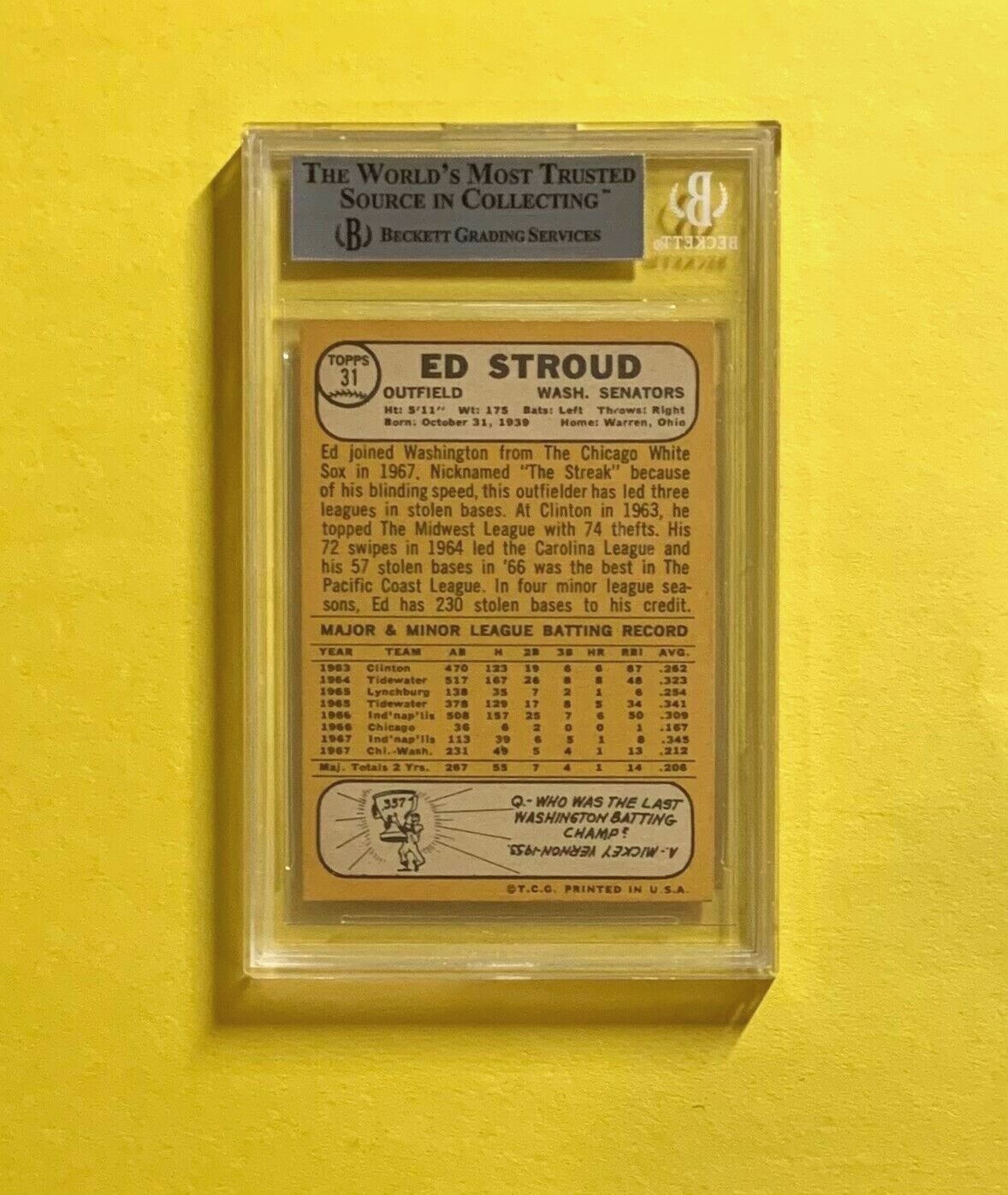 1968 TOPPS ED STROUD #31 AUTHENTIC AUTO BECKETT CERTIFIED SENATORS