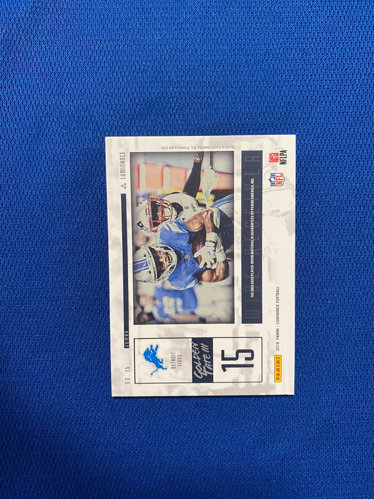 2018 PANINI LUMINANCE GOLDEN TATE III LIONS JUMBO JERSEY RELIC CARD #15 /49
