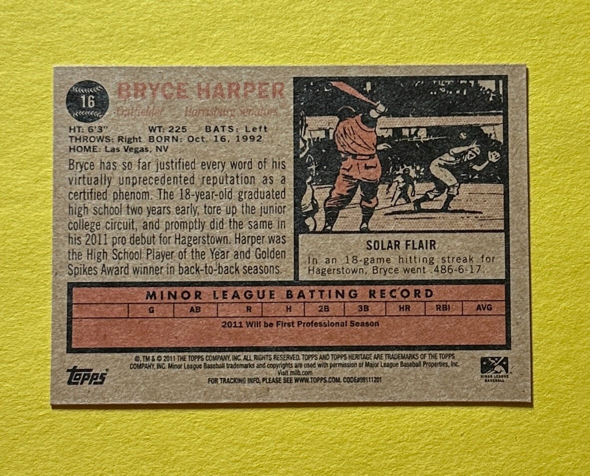 2011 TOPPS HERITAGE MINOR LEAGUE BRYCE HARPER #16 WASHINGTON