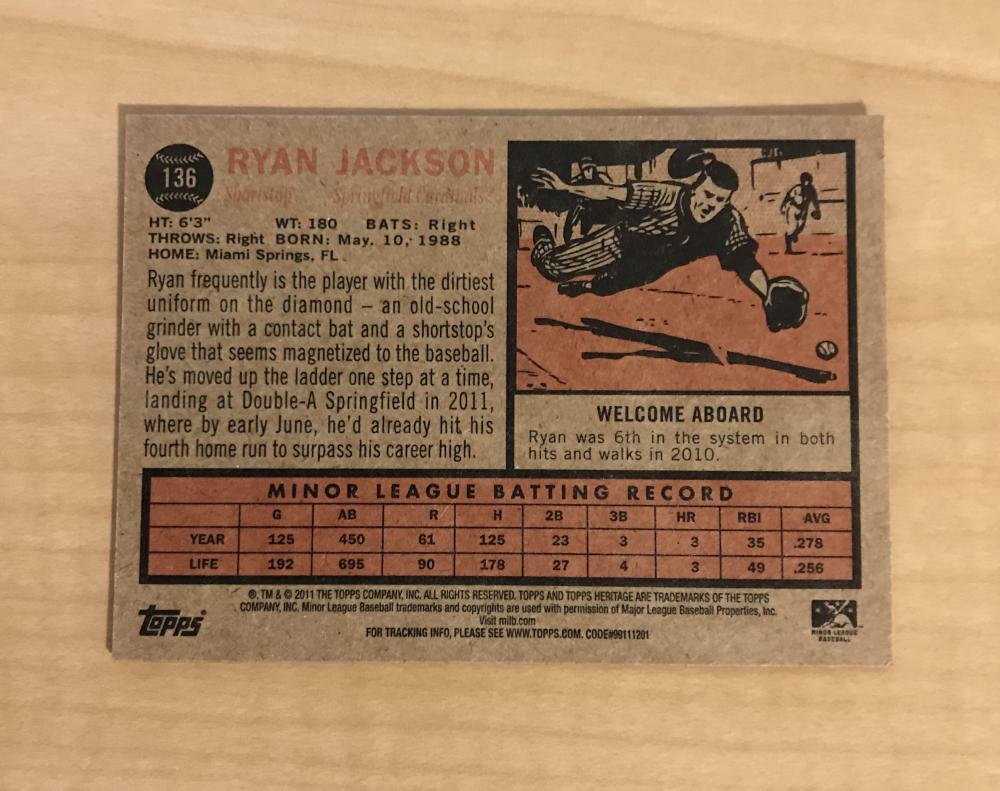 RYAN JACKSON SPRINGFIELD CARDINALS SIGNED 2011 TOPPS HERITAGE CARD #136 W/COA