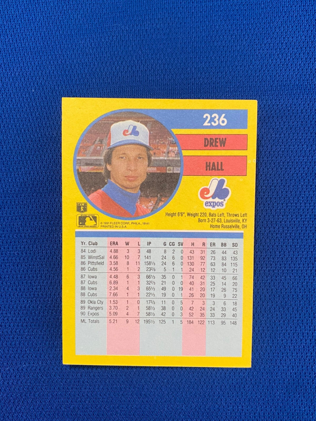 1991 FLEER DREW HALL MONTREAL EXPOS SIGNED AUTOGRAPHED AUTO CARD #236 W/COA
