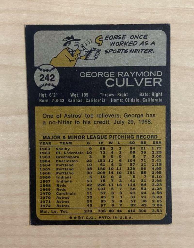 GEORGE CULVER HOUSTON ASTROS SIGNED AUTOGRAPHED 1973 TOPPS CARD #242 W/COA