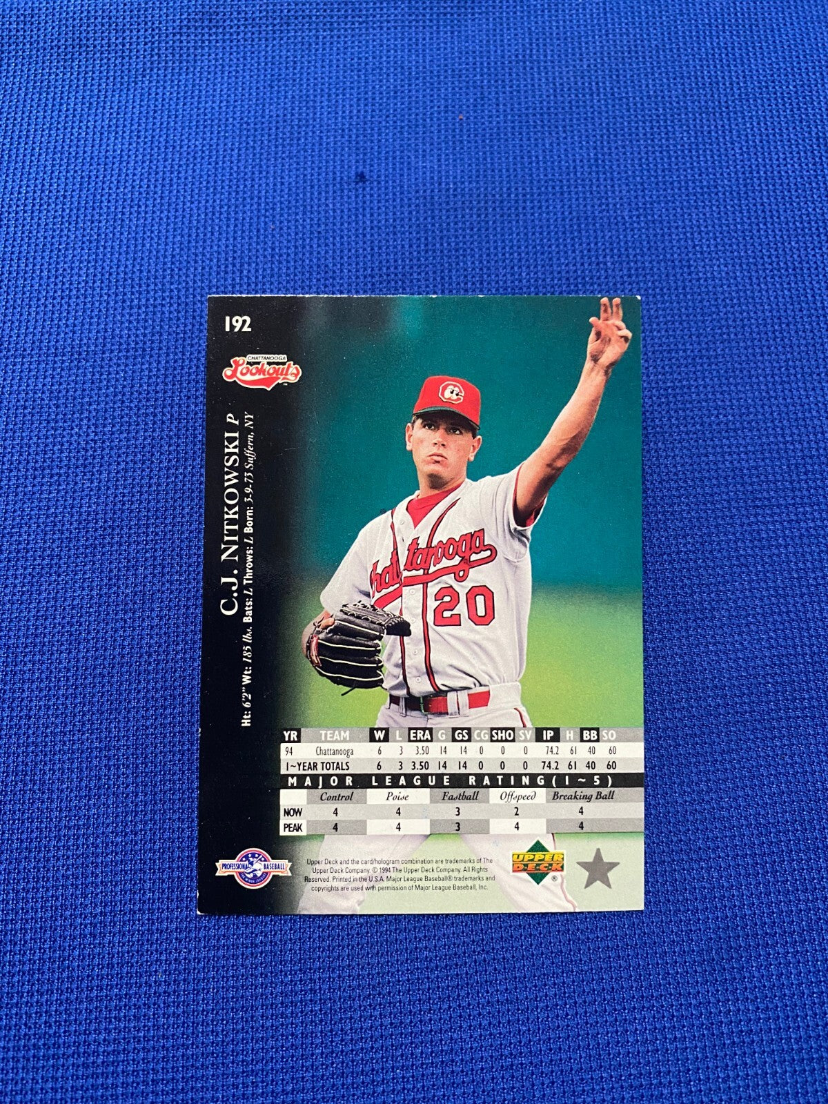 1994 UPPER DECK CJ NITKOWSKI CINCINNATI REDS SIGNED AUTOGRAPH #192 CARD W/COA