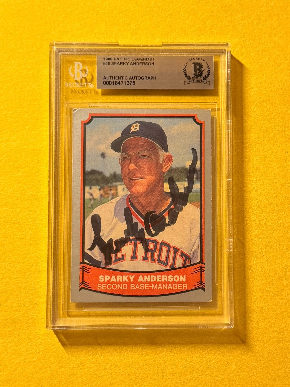 1988 PACIFIC LEGENDS 1 SPARKY ANDERSON #46 SIGNED AUTO CARD BECKETT AUTHENTIC