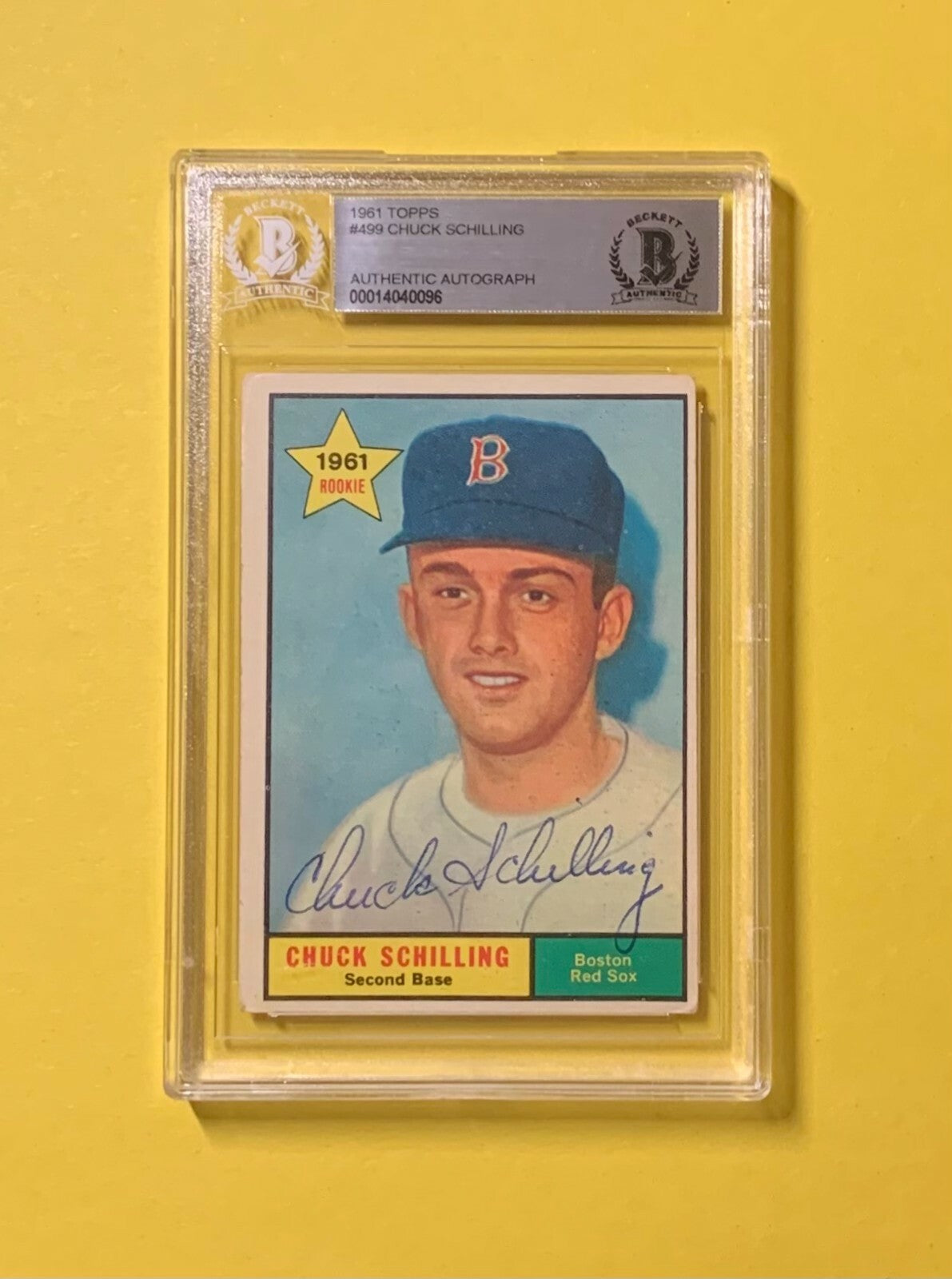 1961 TOPPS CHUCK SCHILLING #499 AUTHENTIC AUTO BECKETT CERTIFIED RED SOX