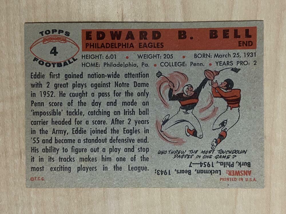 1956 TOPPS EDDIE BELL PHILADELPHIA EAGLES #4 EXPLUS