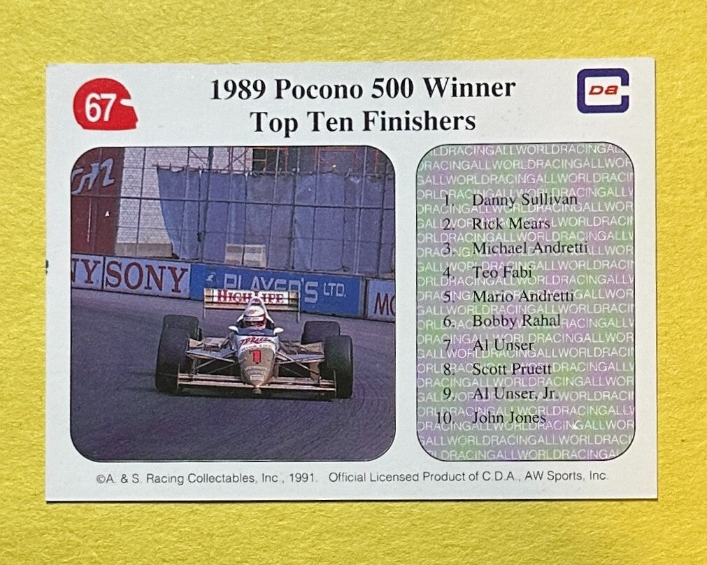 1991 ALL WORLD INDY DANNY SULLIVAN SIGNED AUTOGRAPH CARD W/ COA #67