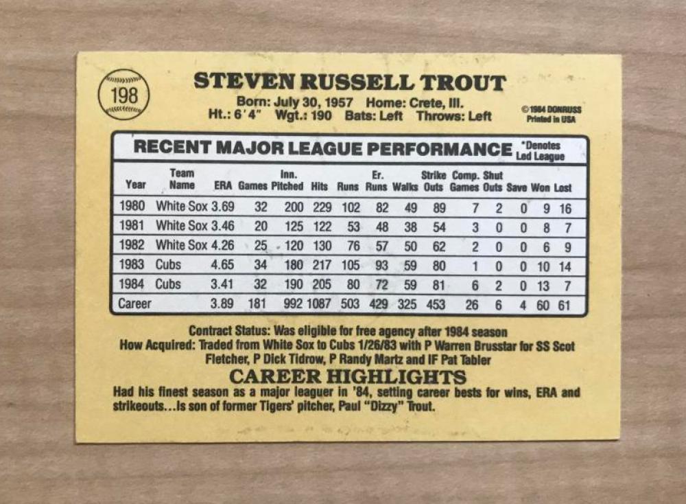 STEVE TROUT CHICAGO CUBS SIGNED AUTOGRAPHED 1985 DONRUSS CARD #198 W/COA