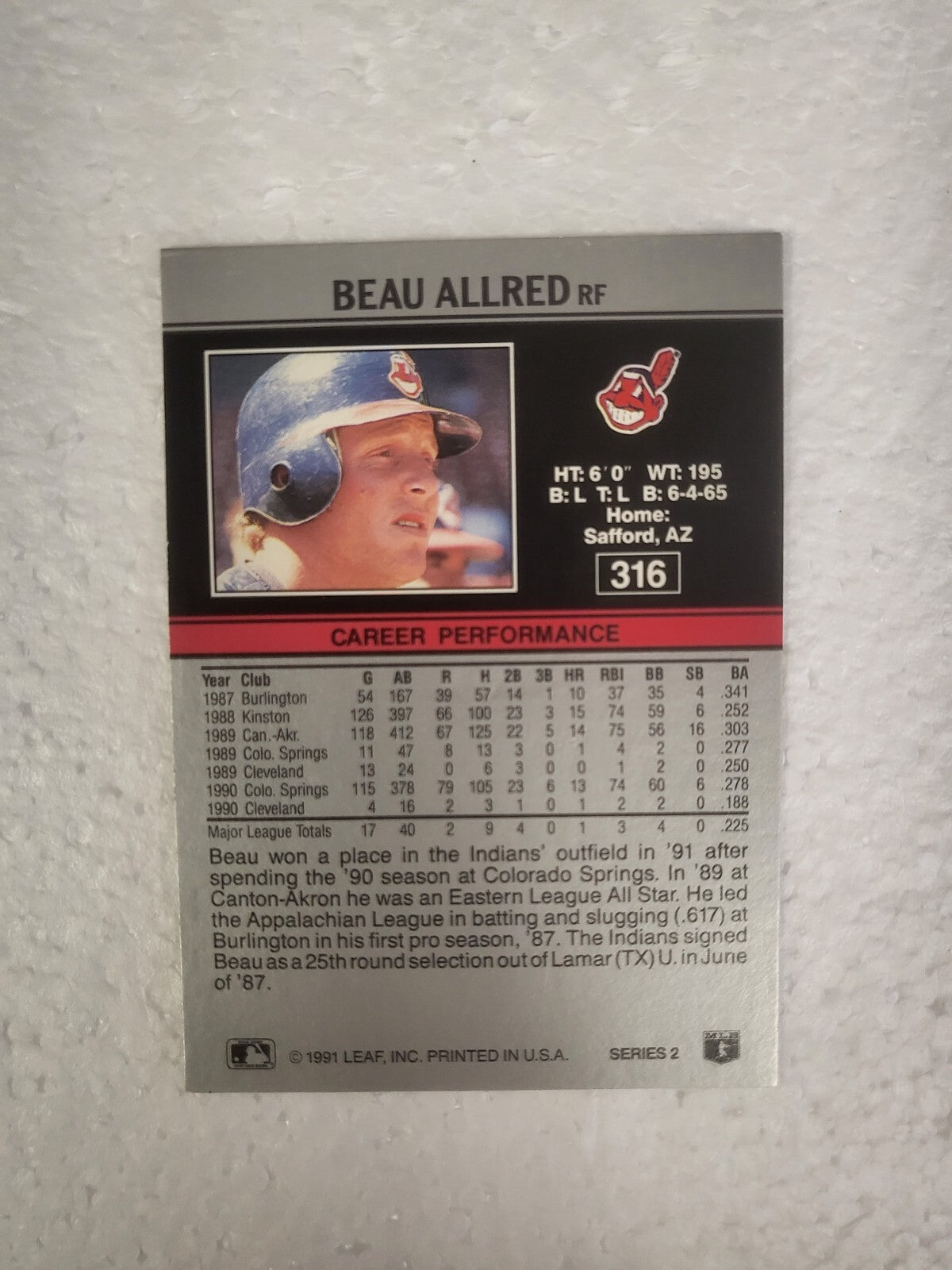 1991 LEAF BEAU ALLRED CLEVELAND INDIANS SIGNED AUTO CARD #316 W/COA