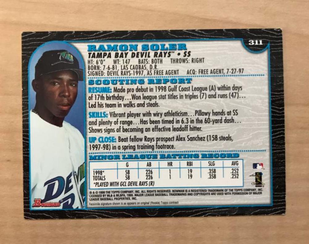 RAMON SOLER TAMPA BAY DEVIL RAYS SIGNED AUTOGRAPHED 1999 BOWMAN CARD #311 W/COA