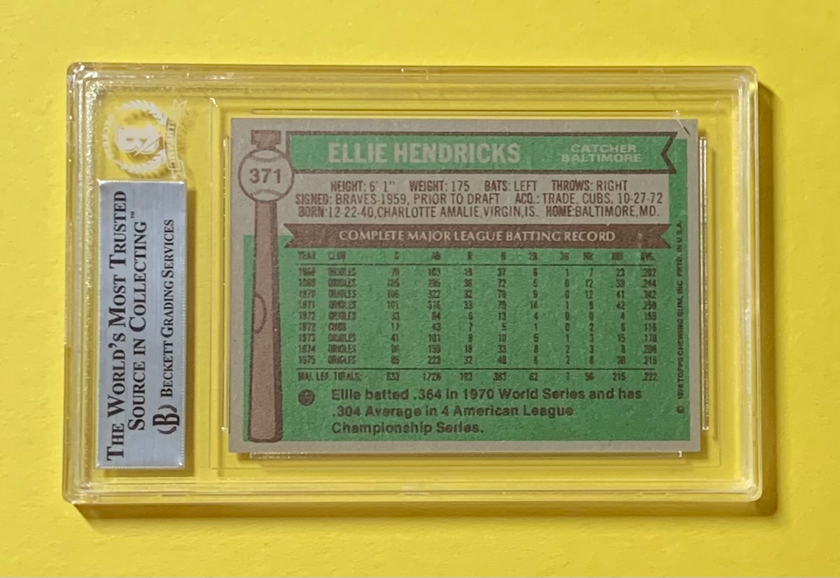 1976 TOPPS ELLIE HENDRICKS #371 AUTHENTIC AUTO BECKETT CERTIFIED ORIOLES
