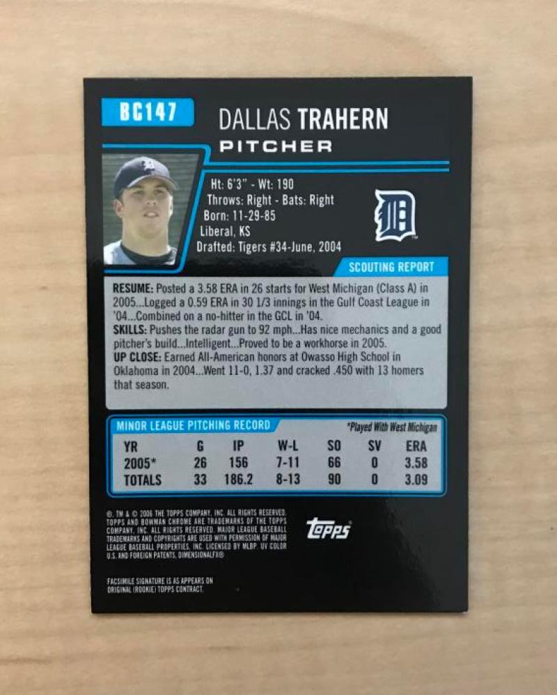 DALLAS TRAHERN DETROIT TIGERS SIGNED 2006 BOWMAN CHROME CARD #BC147 W/COA