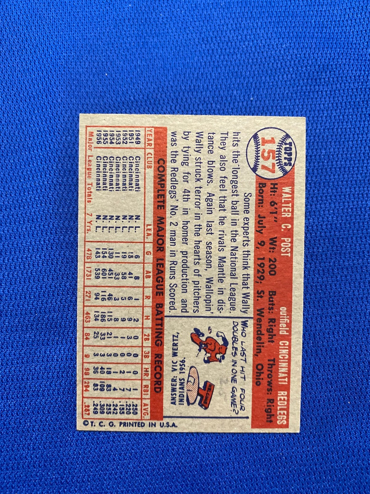 1957 TOPPS WALLY POST CINCINNATI REDS #157 CARD VINTAGE SET-BREAK