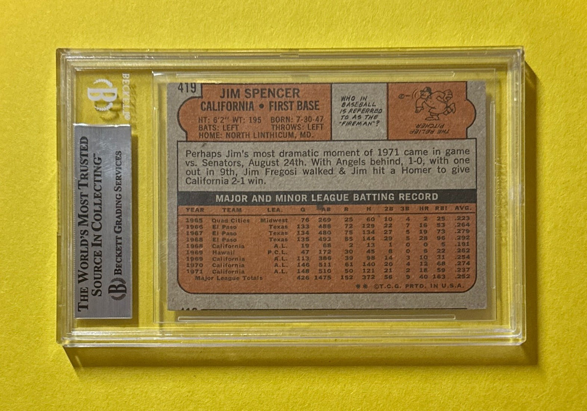 1972 TOPPS JIM SPENCER BECKETT AUTHENTIC SIGNED AUTOGRAPHED CARD #419 ANGELS