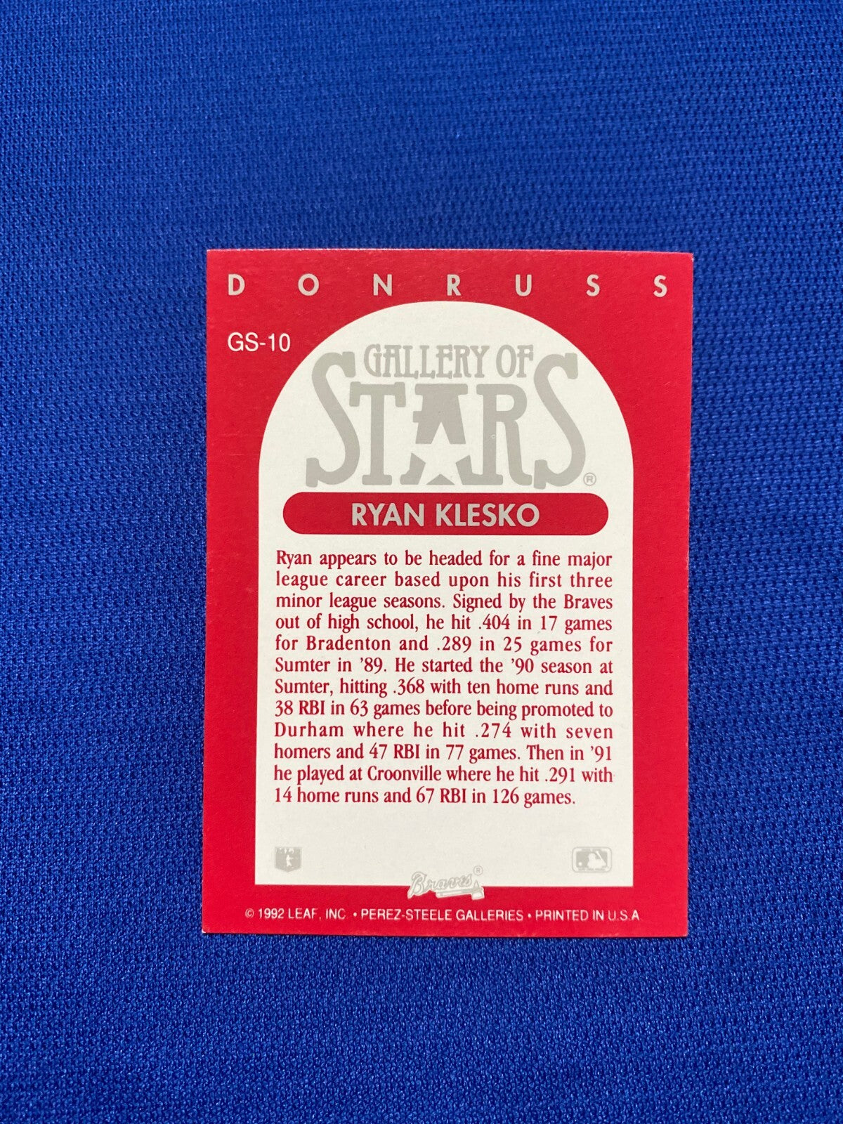 1992 DONRUSS RYAN KLESKO ATLANTA BRAVES GALLERY OF STARS SIGNED GS-10 CARD COA *