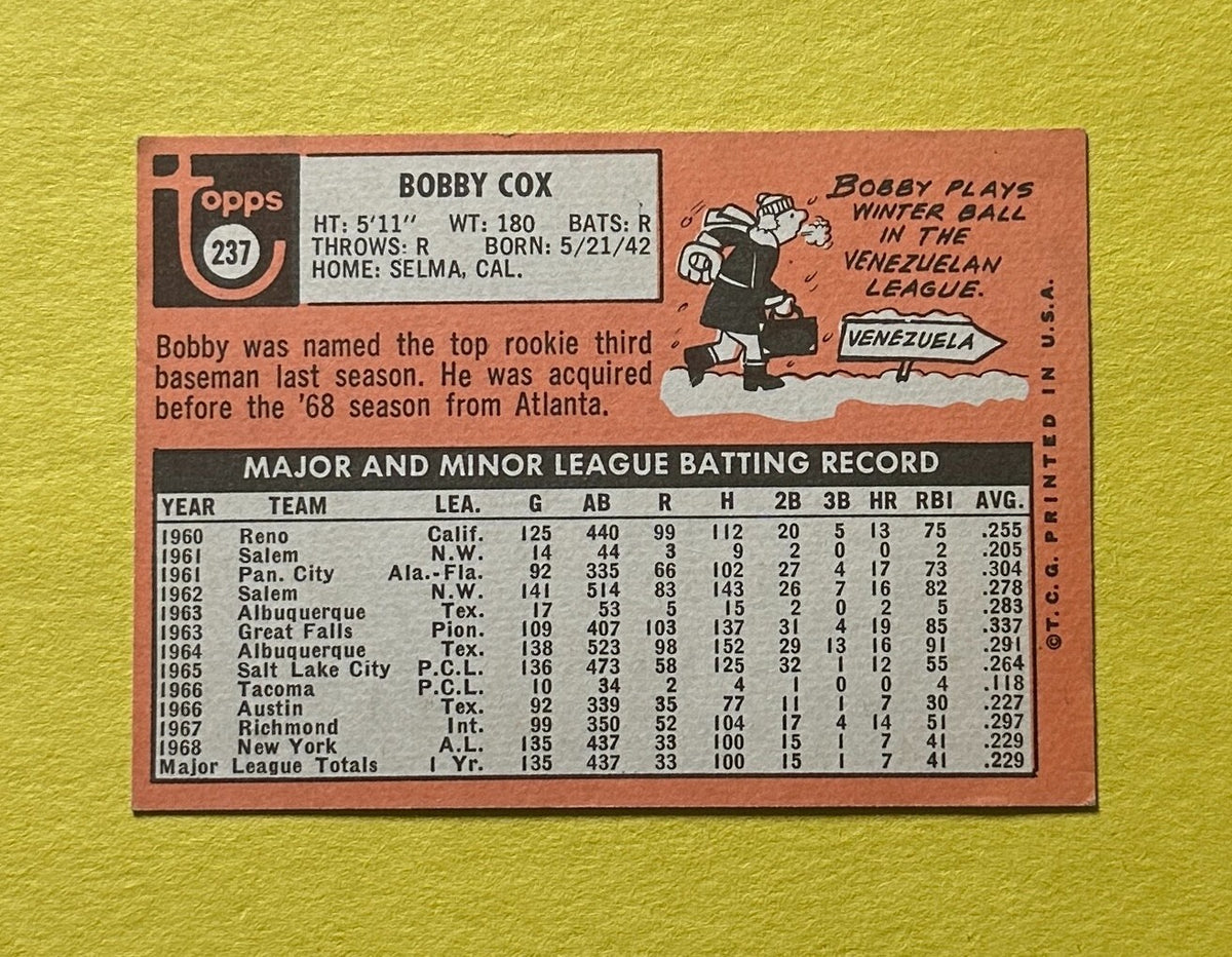 1969 TOPPS BOBBY COX #237 YANKEES