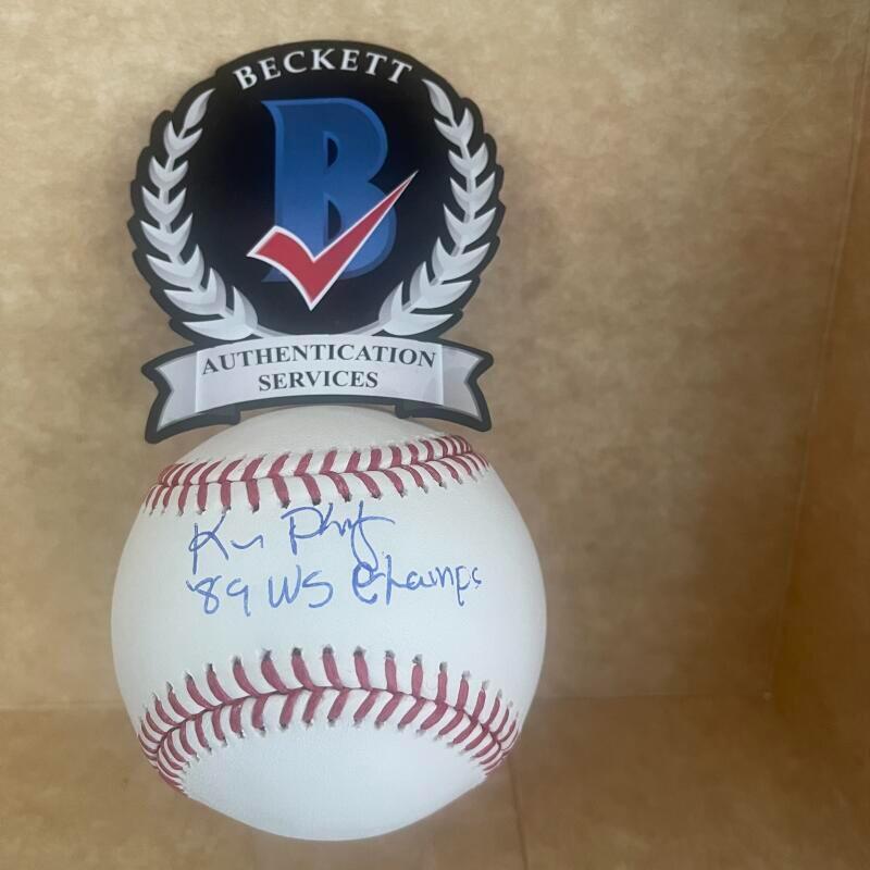 KEN PHELPS 89 WS CHAMPS SIGNED AUTOGRAPHED M.L. BASEBALL AUTHENTICATED