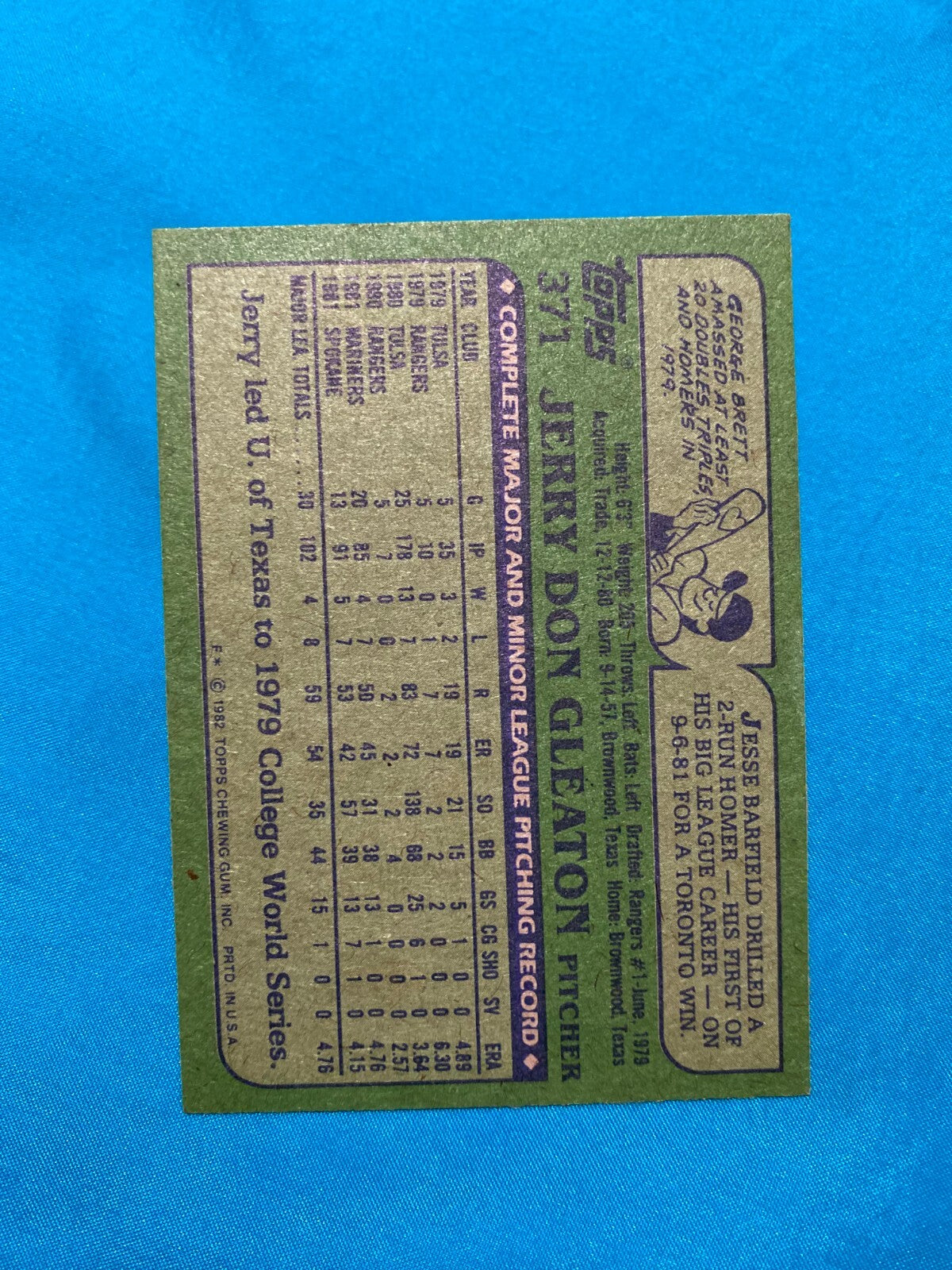 1982 TOPPS JERRY DON CLEATON SEATTLE MARINERS SIGNED AUTOGRAPH CARD #371 W/COA