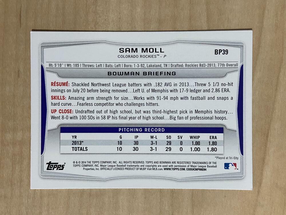 SAM MOLL COLORADO ROCKIES SIGNED AUTOGRAPHED 2014 BOWMAN CARD #BP39 W/COA