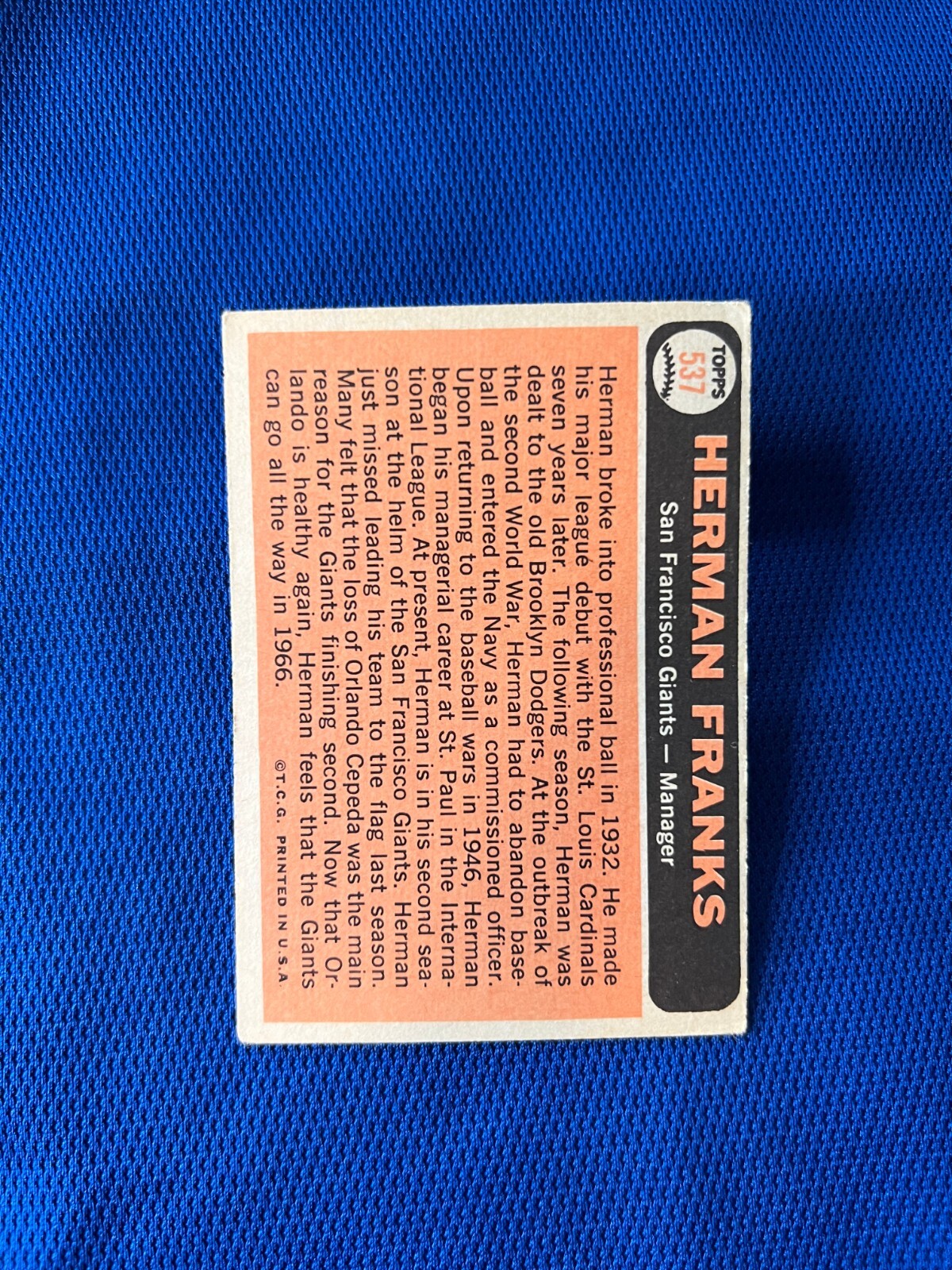 VINTAGE 1966 TOPPS HERMAN FRANKS SAN FRANCISCO GIANTS MG CARD #537 HIGH NUMBER