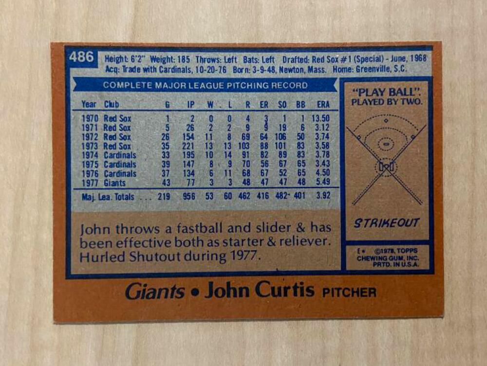 JOHN CURTIS SAN FRANCISCO GIANTS SIGNED AUTOGRAPHED 1978 TOPPS CARD #486 W/COA