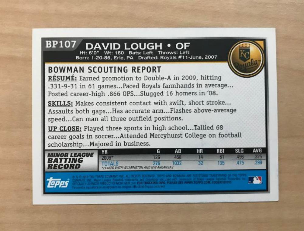 DAVID LOUGH KANSAS CITY ROYALS SIGNED AUTOGRAPHED 2010 BOWMAN CARD #BP107 W/COA