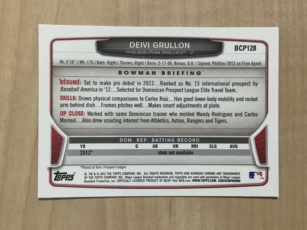 DEIVI GRULLON PHILADELPHIA PHILLIES SIGNED 2013 BOWMAN CARD #BCP128 W/COA