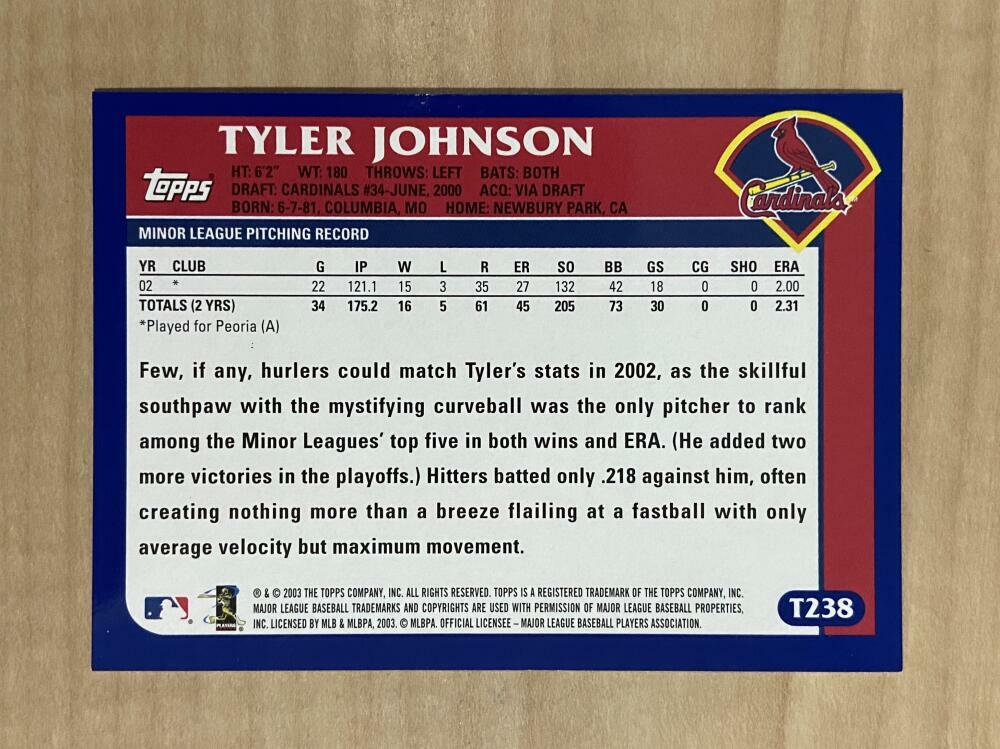 TYLER JOHNSON ST LOUIS CARDINALS SIGNED AUTOGRAPHED 2003 TOPPS CARD #T238 W/COA