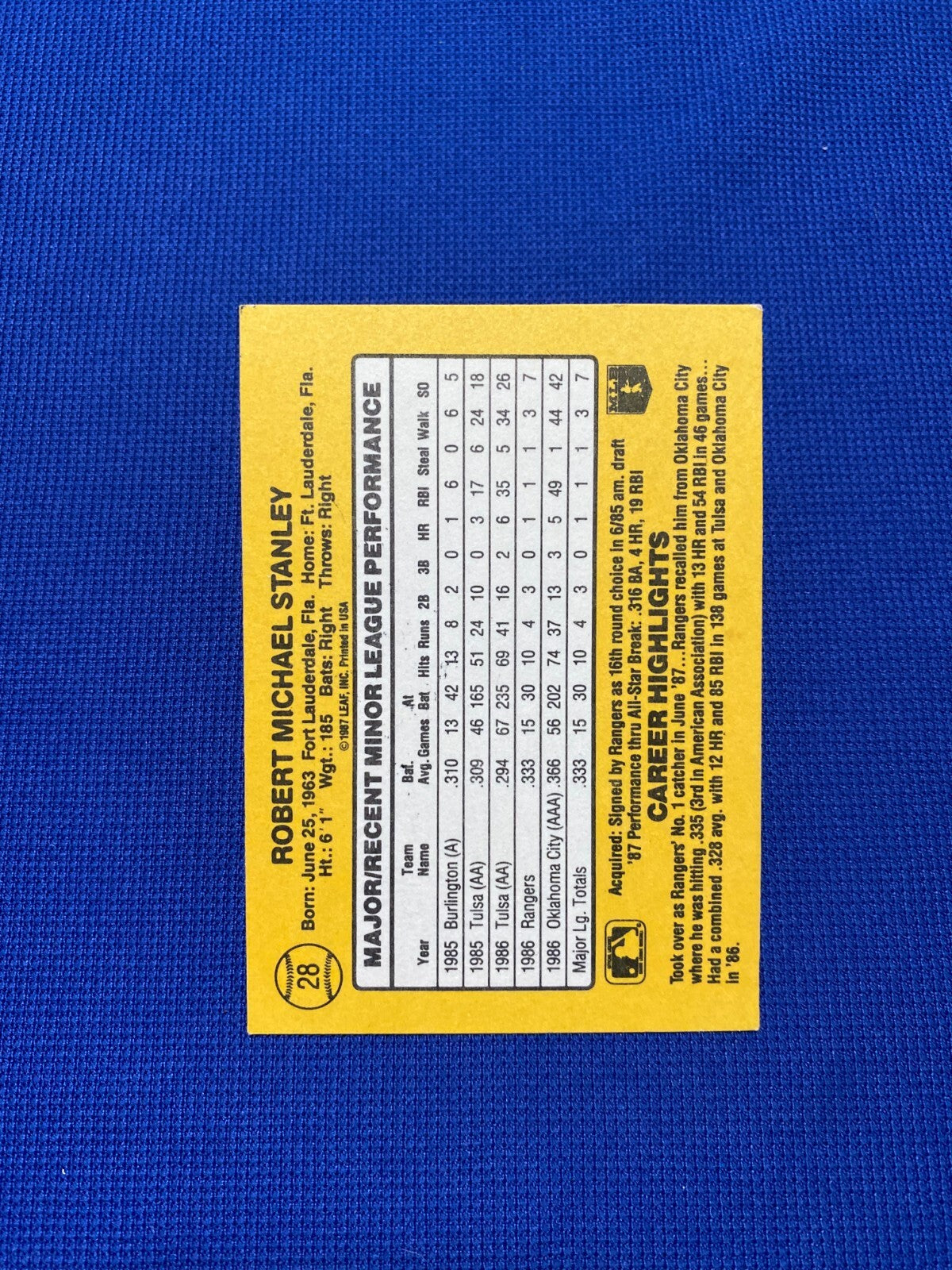 1987 DONRUSS MIKE STANLEY TEXAS RANGERS RC SIGNED AUTO AUTOGRAPH CARD #28 W/COA