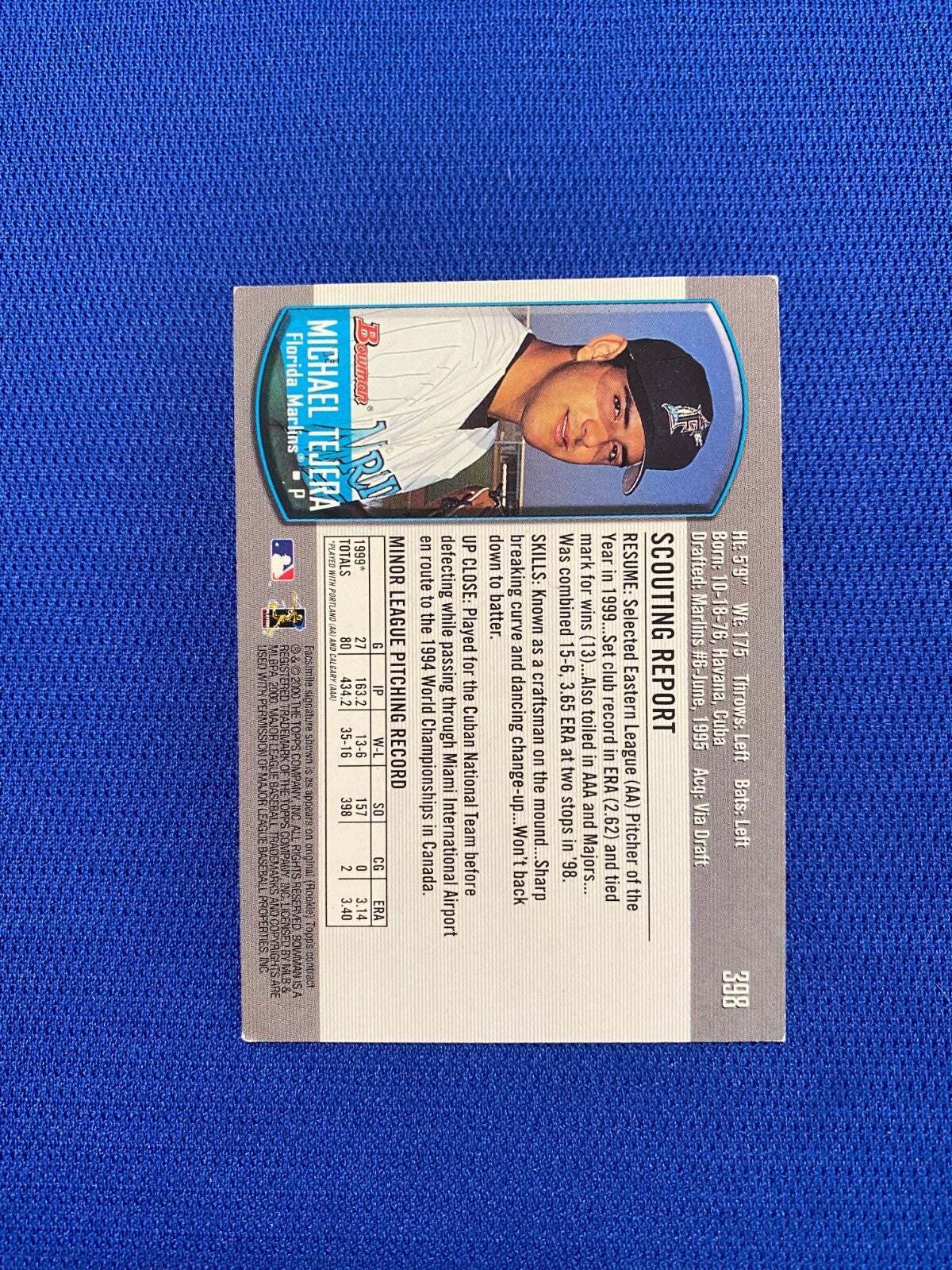 2000 BOWMAN MICHAEL TEJERA FL MARLINS SIGNED AUTOGRAPHED AUTO CARD #398 W/COA