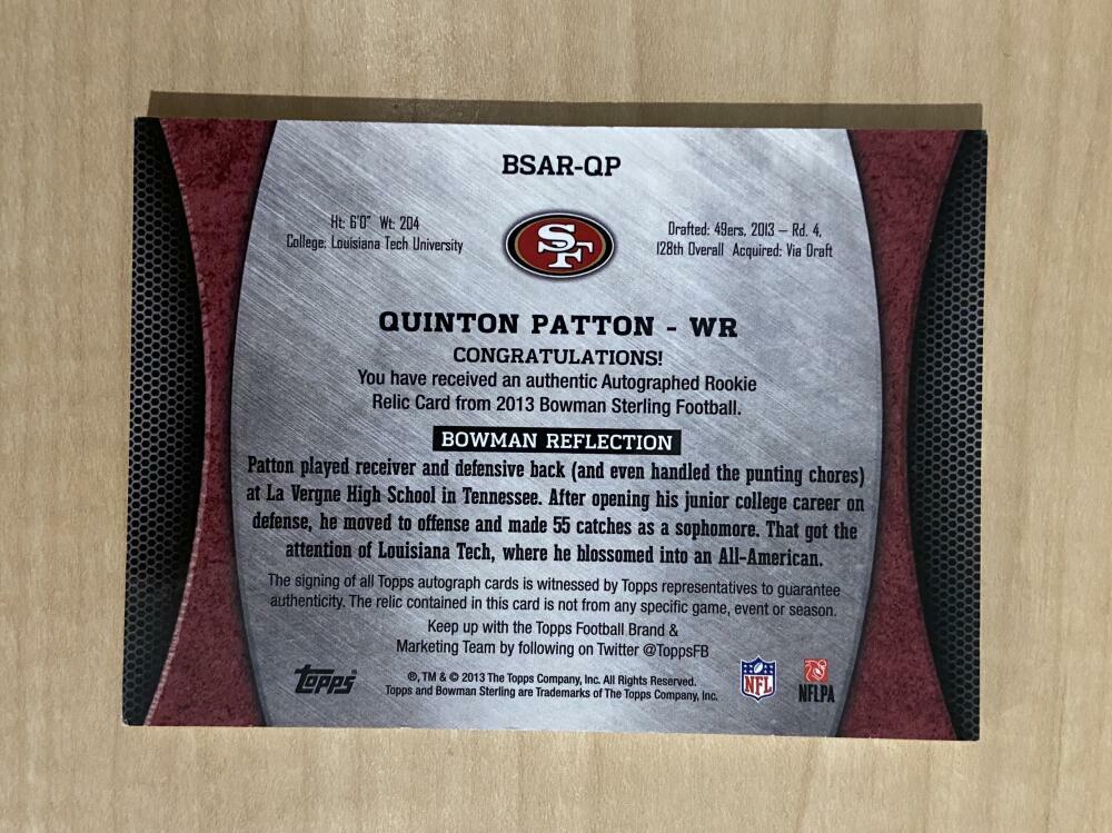 QUINTON PATTON SAN FRANCISCO 49ERS SIGNED 2013 BOWMAN PATCH 329/361 CARD#BSAR-QR