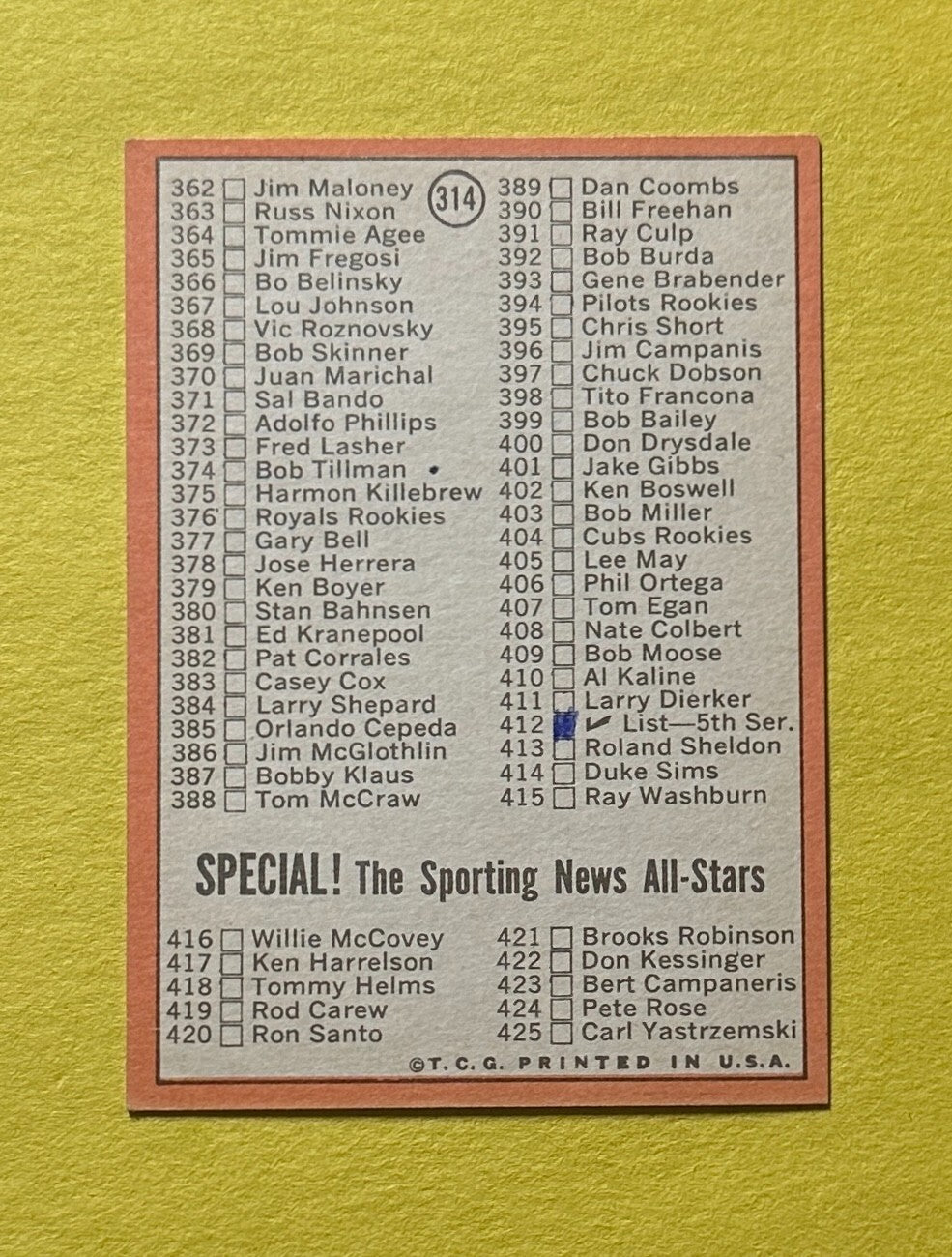 1969 TOPPS CHECK LIST 4TH SERIES #314