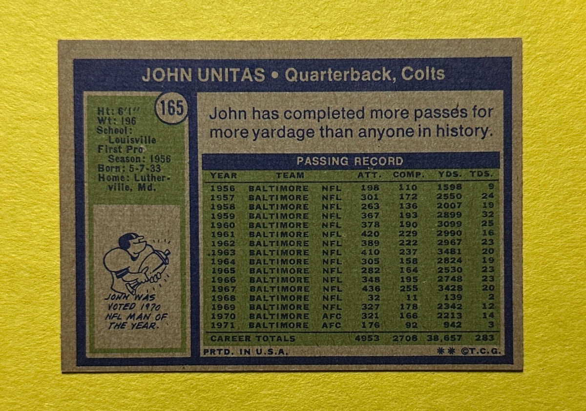 1972 TOPPS JOHN UNITAS #165 COLTS HOF