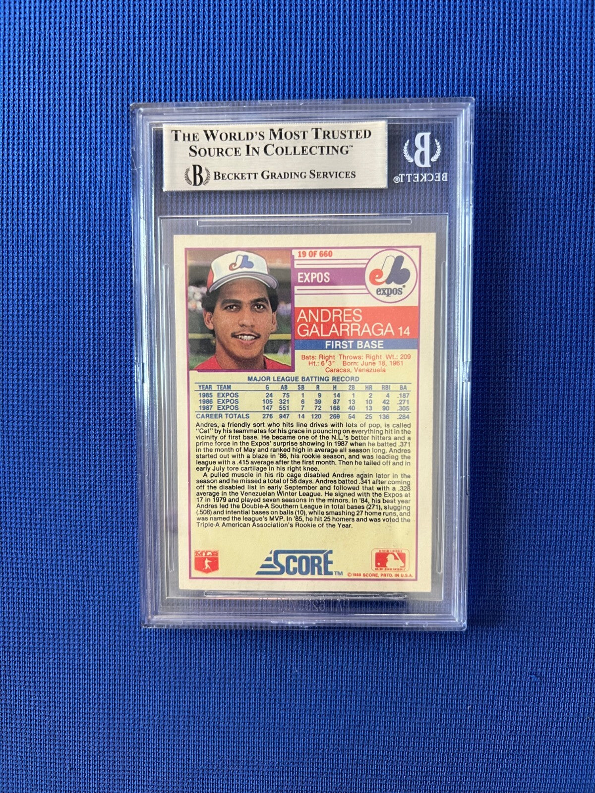 1988 SCORE ANDRES GALARRAGA MONTREAL EXPOS SIGNED AUTOGRAPHED CARD #19 BECKETT