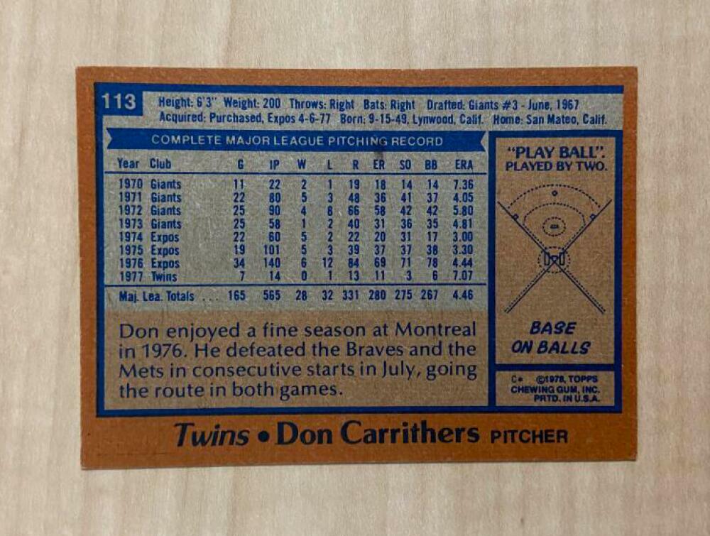 DON CARRITHERS MINNESOTA TWINS SIGNED AUTOGRAPHED 1978 TOPPS CARD #113 W/COA
