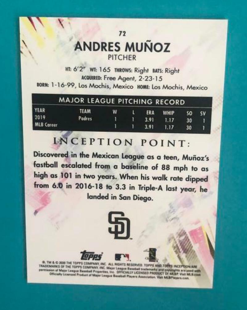 2020 TOPPS INCEPTION ANDRES MUNOZ PADRES BASE CARD # 72
