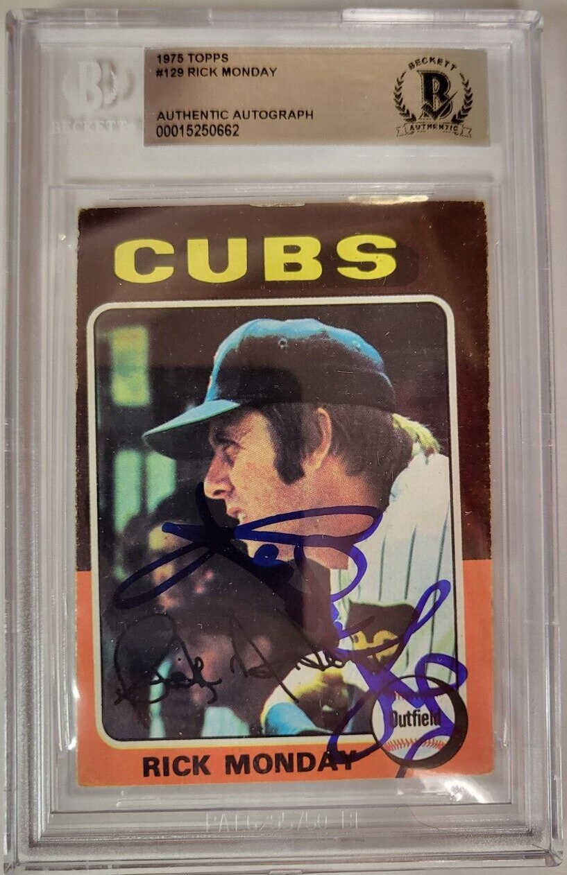 1975 TOPPS RICK MONDAY CUBS #129 AUTO SIGNED CARD BECKETT AUTHENTIC